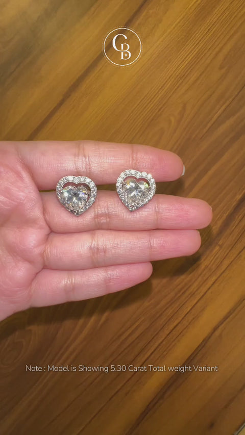 Halo Heart Cut Moissanite Diamond Stud Sterling Silver Earrings