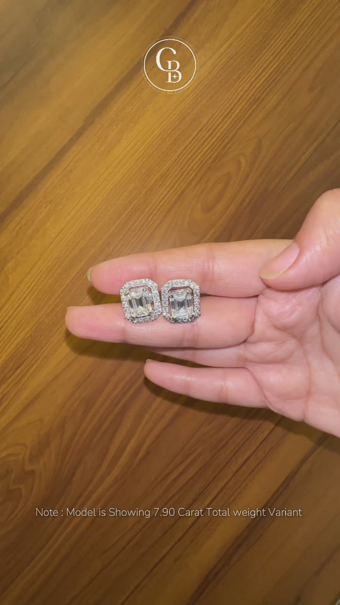 Emerald Cut Moissanite Diamond Halo Stud 18k Gold Earrings