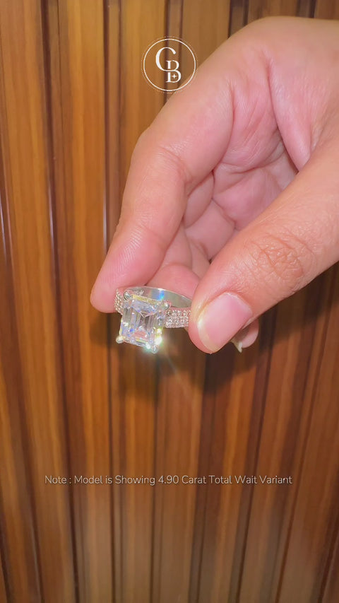 Emerald Cut Lab Grown Diamond Three Layer Pave 9K Gold Ring