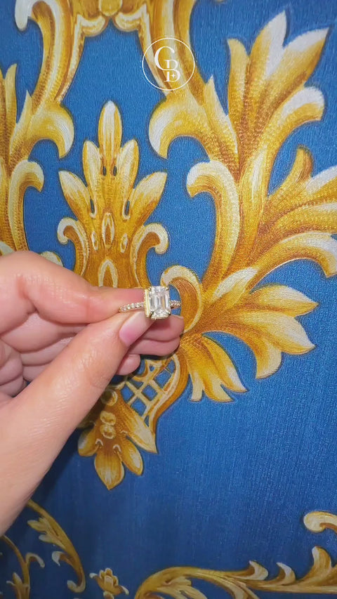 Emerald Cut Moissanite Diamond Hidden Halo Sterling Silver Ring