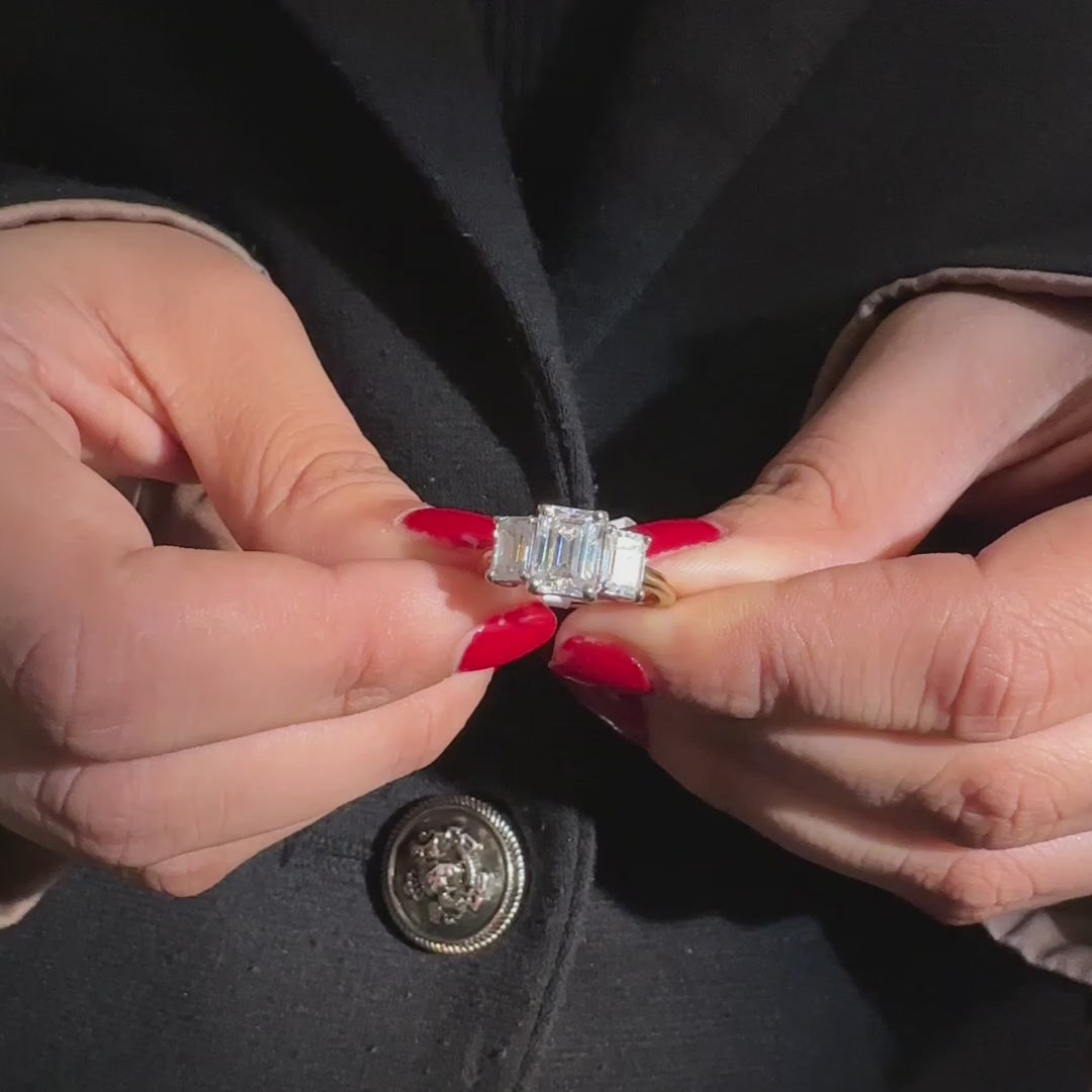 Emerald Cut Moissanite Diamond Three Stone Sterling Silver Ring