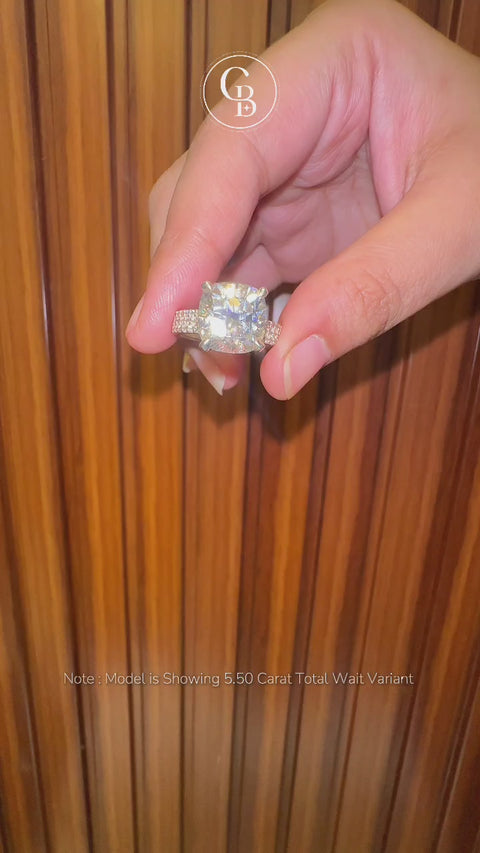 Cushion Cut Lab Grown Diamond Three Layer Pave 18K Gold Ring