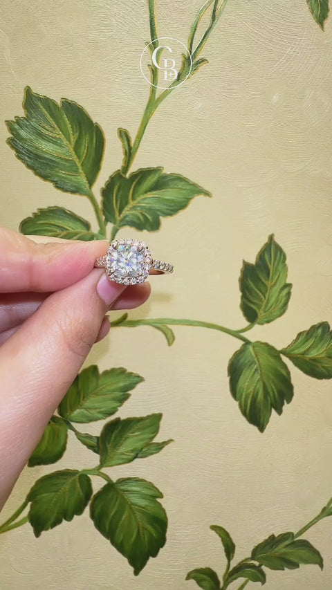 Cushion Cut Moissanite Diamond Halo Engagement 9K Gold Ring