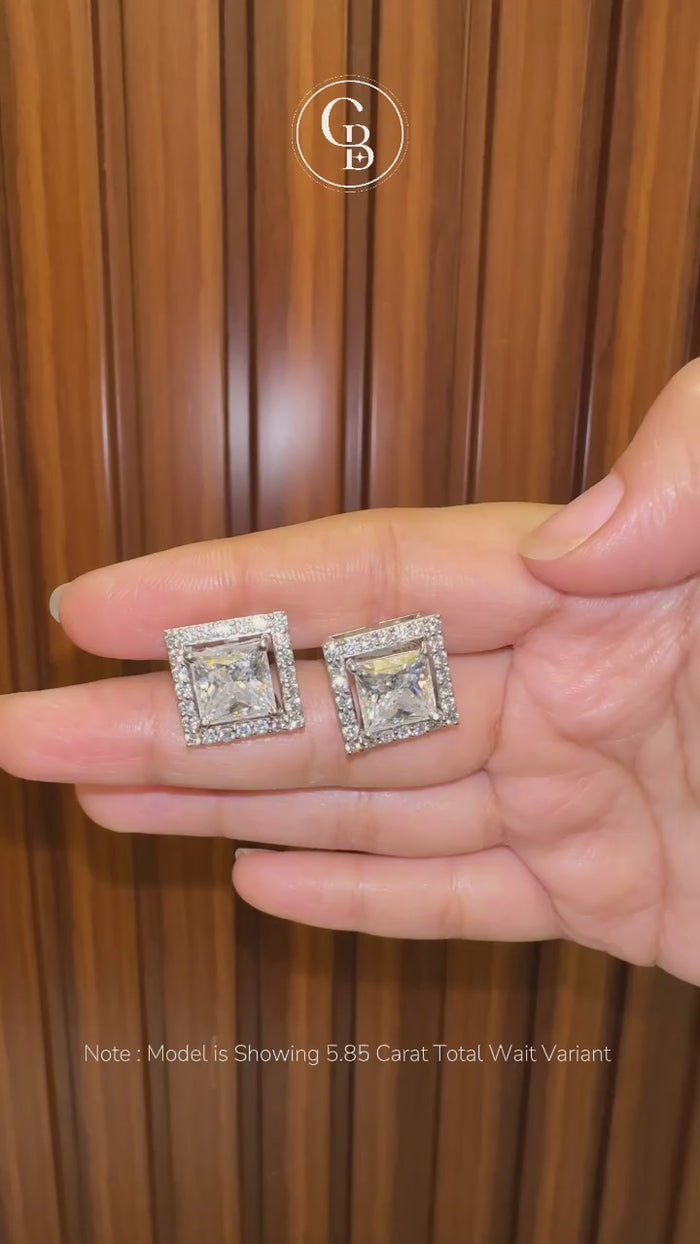 Princess Cut Moissanite Diamond Halo Stud Sterling Silver Earrings