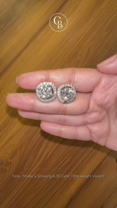 Cushion Cut Lab Grown Diamond Halo Certified Stud 18k Gold Earrings