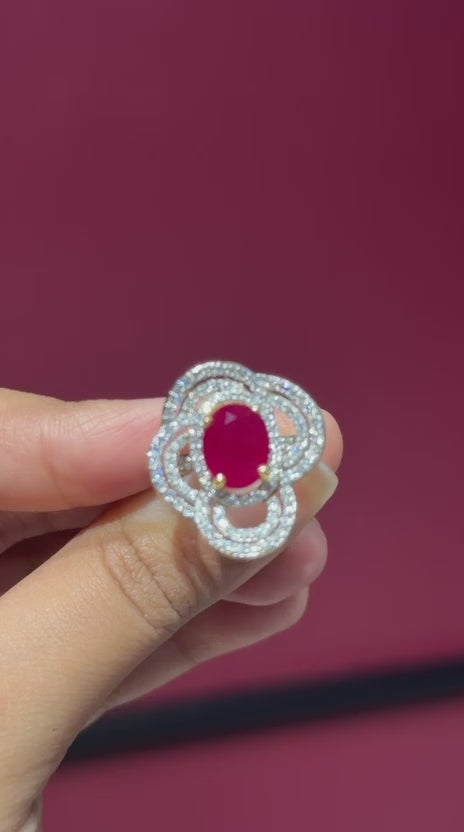 Ruby Floral Halo Gemstone and Moissanite Diamond Engagement 14K Gold Ring