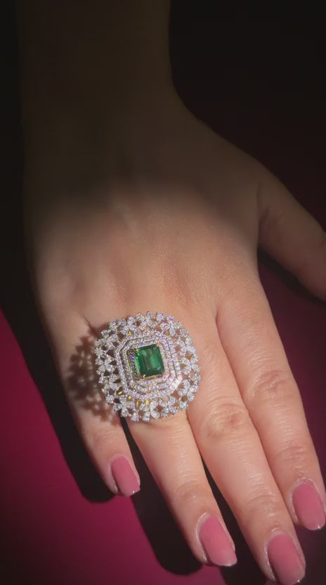 Grand Emerald Halo Gemstone and Moissanite Diamond Engagement 14K Gold Ring