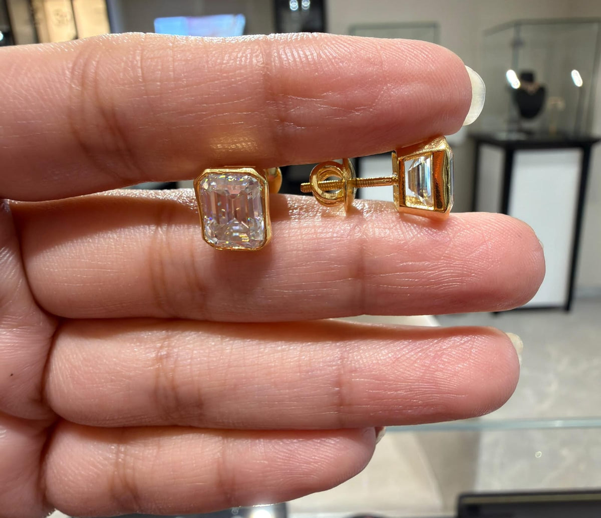 Half Bezel Emerald Cut Moissanite Diamond Sterling Silver Earrings additional product photo | Caratbazaar