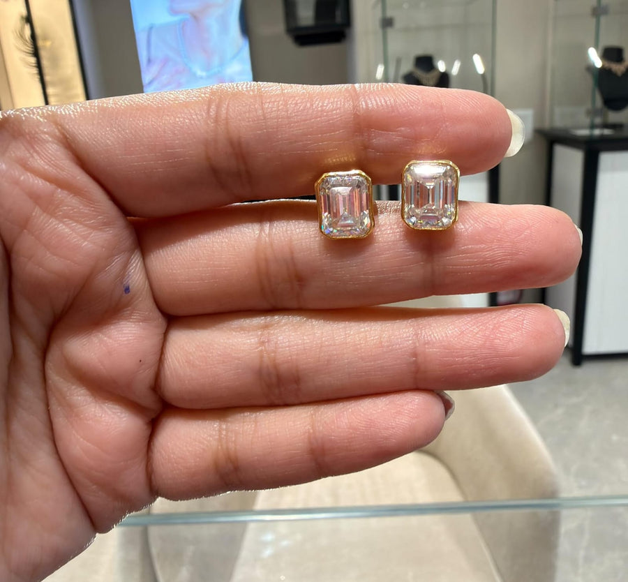 Half Bezel Emerald Cut Moissanite Diamond Sterling Silver Earrings additional product photo | Caratbazaar